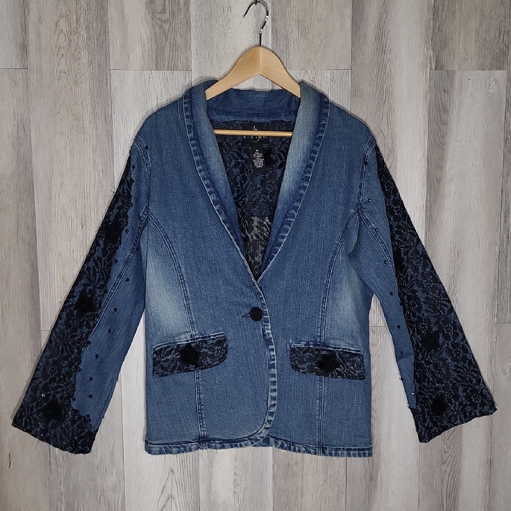 Giclèe Womens 0X Denim‎ Jean Jacket Lace Beaded Sequins Blazer Fitted 80s